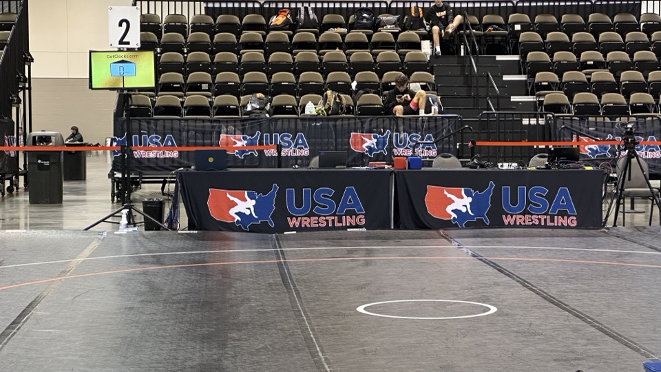 A Got Clocks scoreboard display in use at a USA Wrestling event